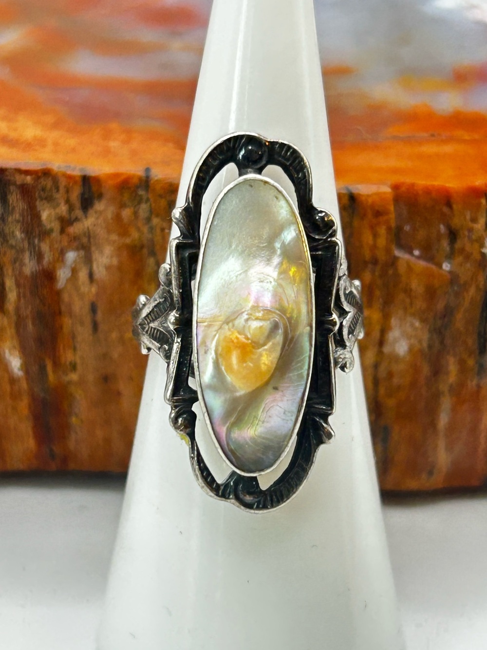 Antique Sterling Silver Mother of Pearl Shell Ring - Size 6